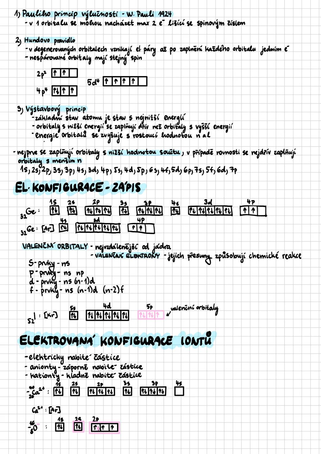 1) Pauliho princip výlučnosti - W. Pauli 1924
- v 1 orbitalu se mohou nacházet max 2 e lišící se spinovým číslem
2) Hundovo pravidlo
-v deg