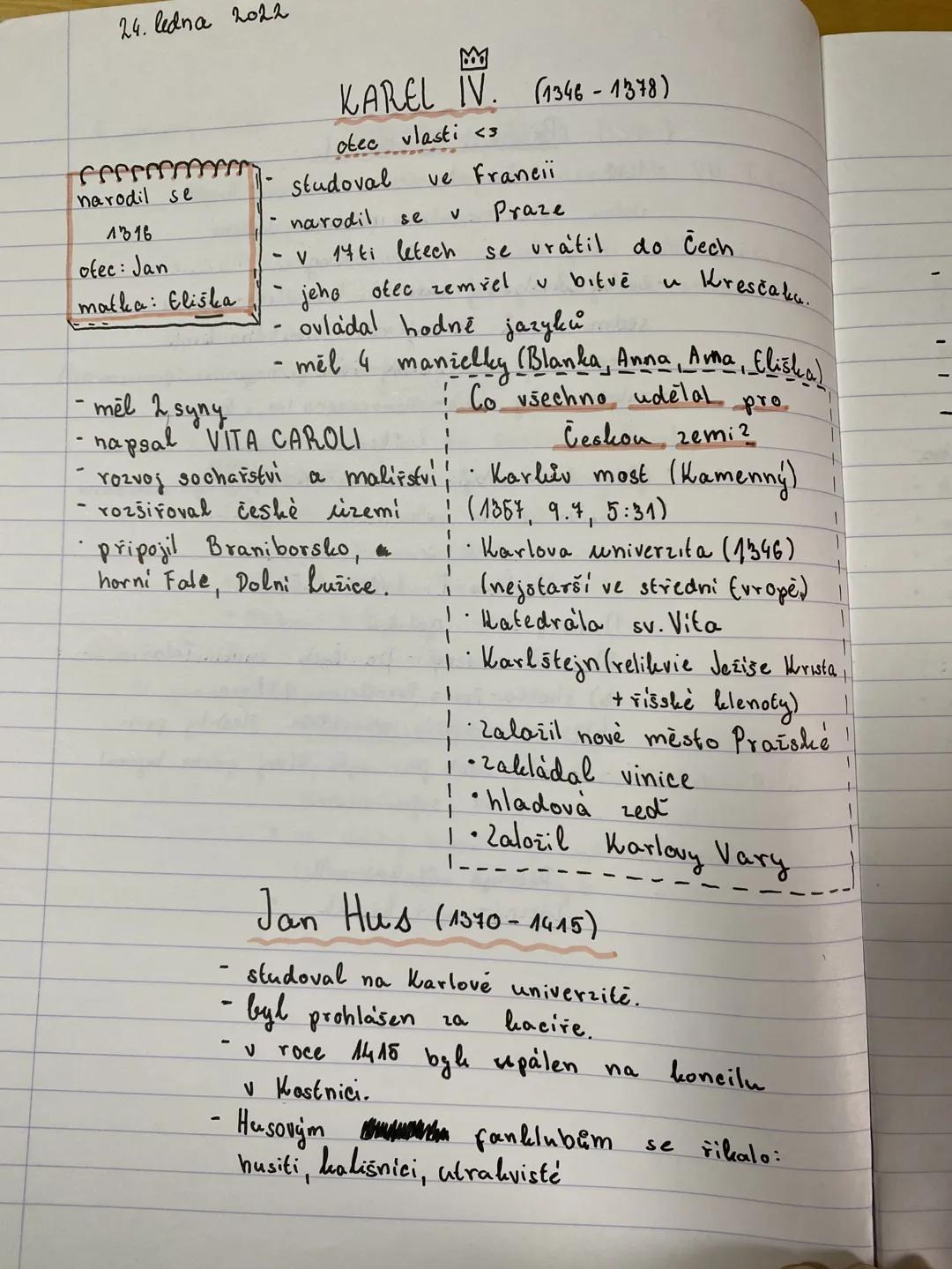 24. ledna 2022
KAREL IV. (1346 - 1378)
otec vlasti <3
Free studoval ve Francii
narodil se narodil se v Praze
1316 v 14 ti letech se vrátil