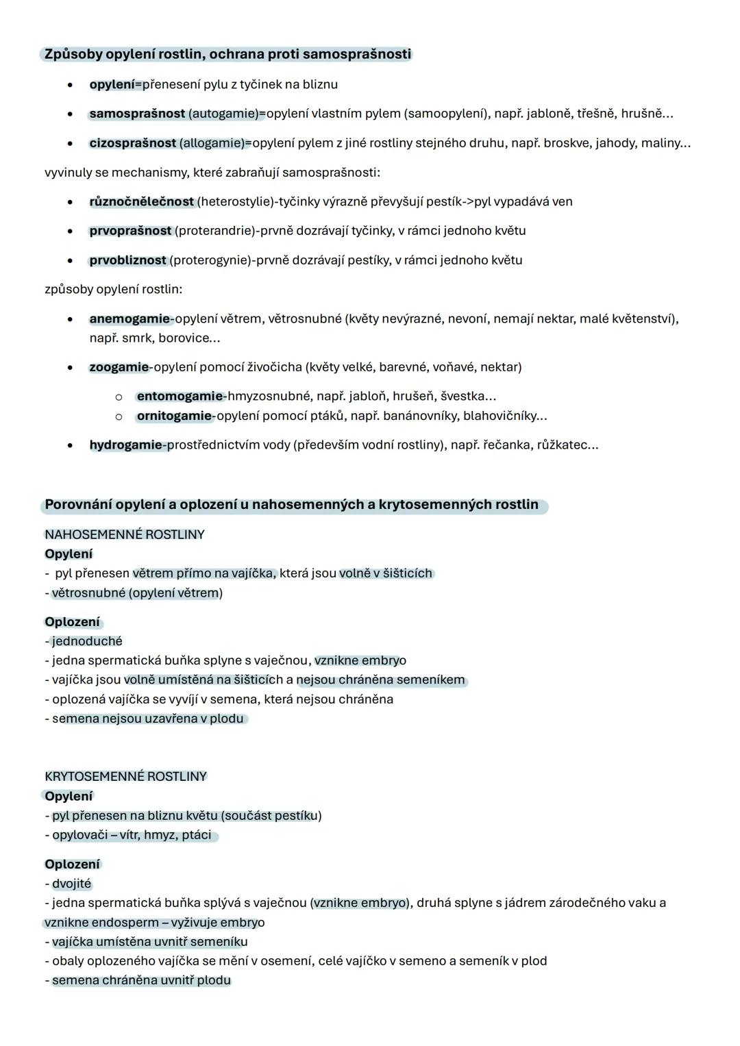 1. Pylová láčka, vegetativní a spermatická buňka, dvojí oplození u krytosemenných rostlin
- Pylová láčka: Struktura, která vzniká klíčením
