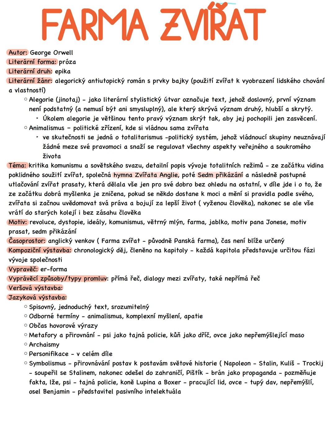 --- OCR Start ---
FARMA ZVÍŘAT
Autor: George Orwell
Literární forma: próza
Literární druh: epika
Literární žánr: alegorický antiutopický rom