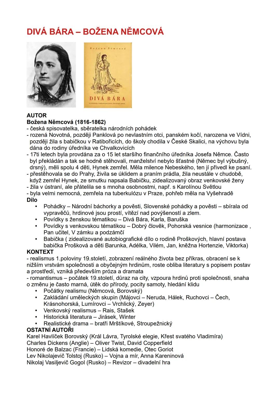# DIVÁ BÁRA – BOŽENA NĚMCOVÁ
## AUTOR
Božena Němcová (1816-1862)
- česká spisovatelka, sběratelka národních pohádek
- rozená Novotná, pozdě