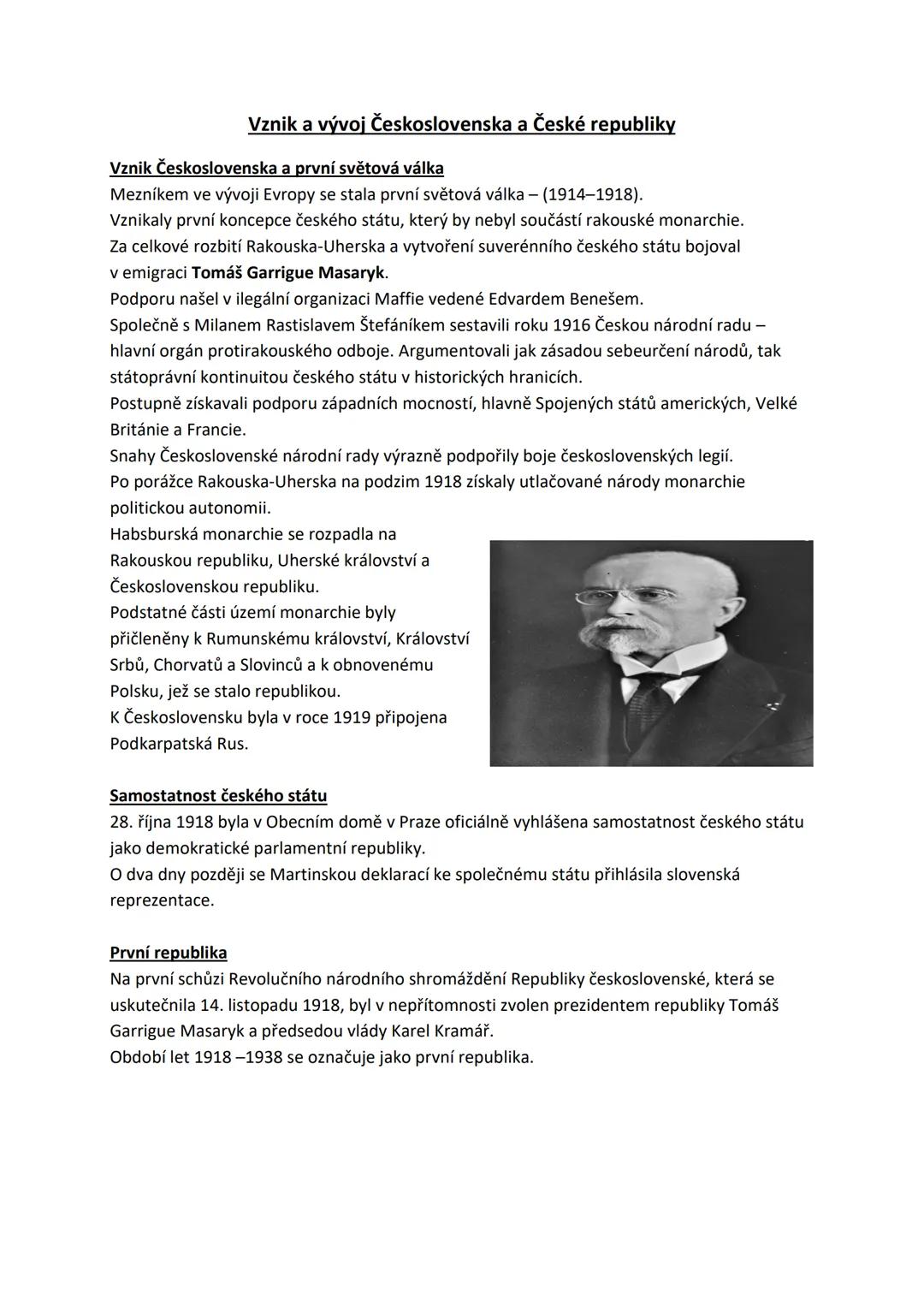 Vznik a vývoj Československa a České republiky
Vznik Československa a první světová válka
Mezníkem ve vývoji Evropy se stala první světová v