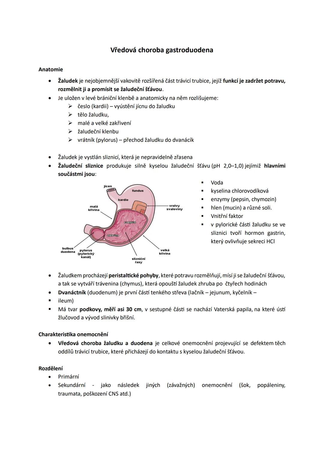 # Vředová choroba gastroduodena
## Anatomie
- Žaludek je nejobjemnější vakovitě rozšířená část trávicí trubice, jejíž funkcí je zadržet po
