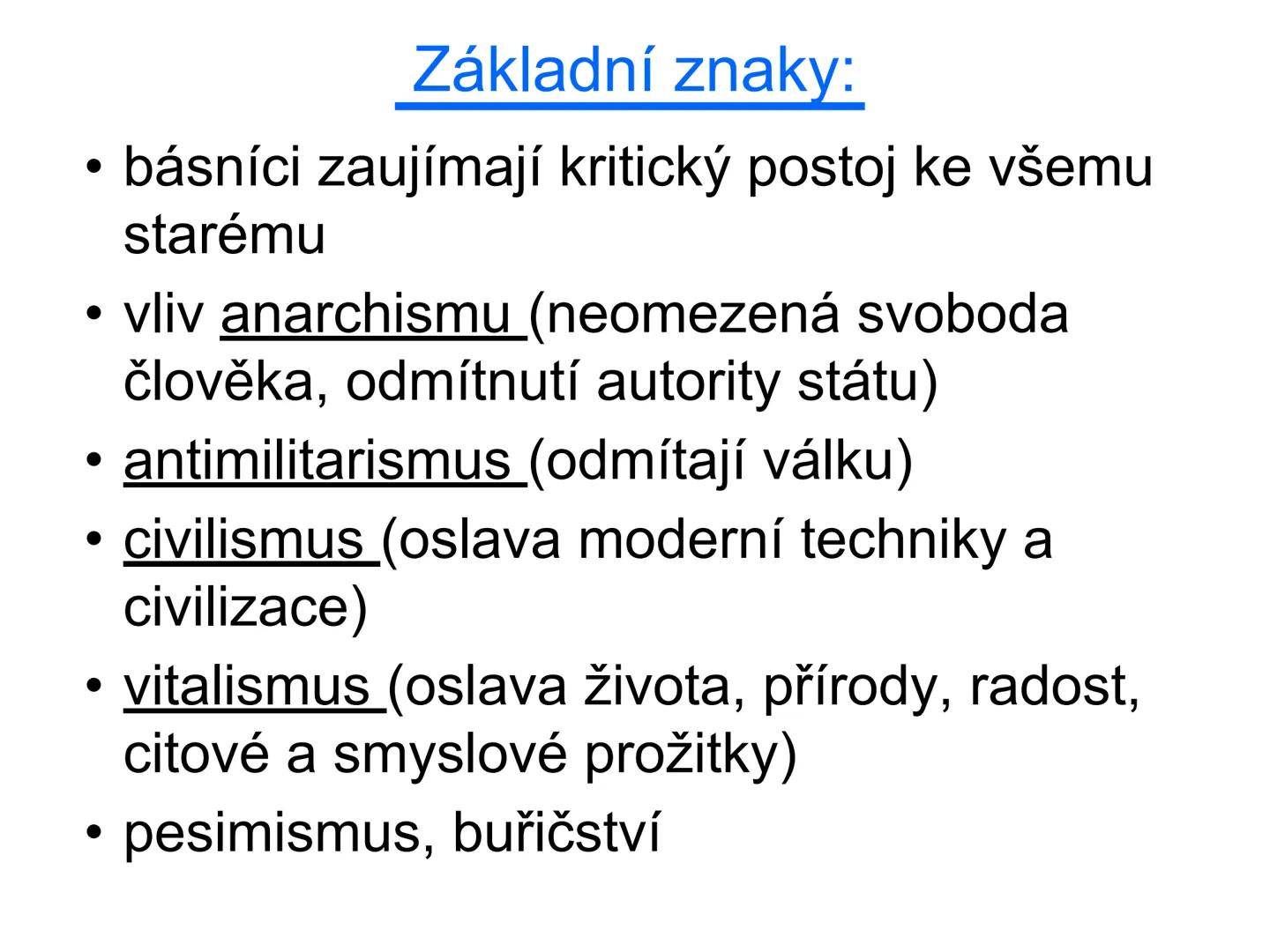 # ANARCHISTIČTÍ BUŘIČI
Literatura na přelomu 19. a 20.
století --- OCR Start ---
Základní znaky:
• básníci zaujímají kritický postoj ke vše