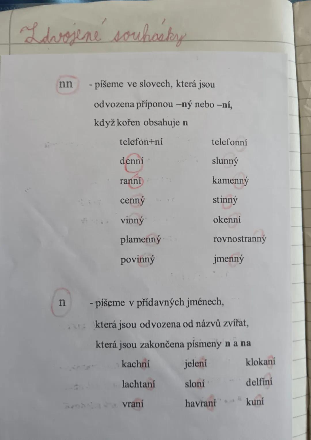 --- OCR Start ---
Ldvojené souhásky
nn
- píšeme ve slovech, která jsou
odvozena příponou -ný nebo -ní,
když kořen obsahuje n
telefon+ní
tele