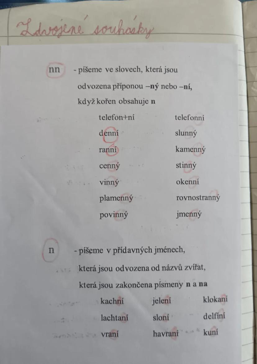 --- OCR Start ---
Ldvojené souhásky
nn
- píšeme ve slovech, která jsou
odvozena příponou -ný nebo -ní,
když kořen obsahuje n
telefon+ní
tele