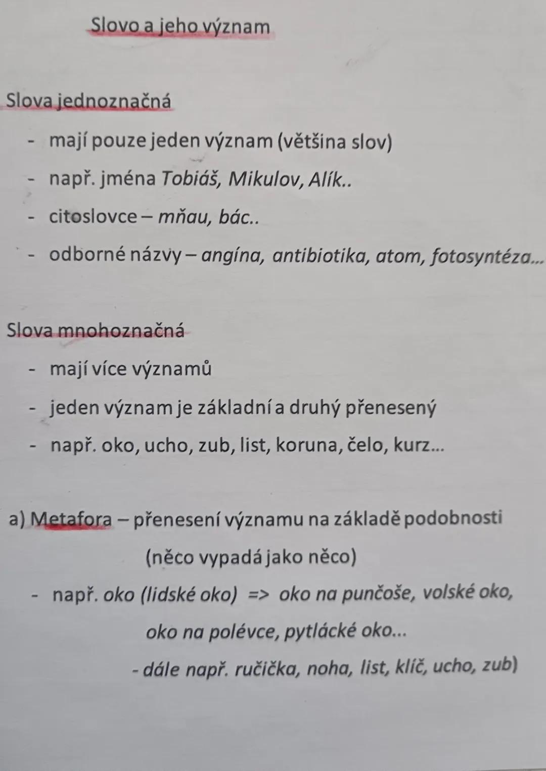 --- OCR Start ---
Slovo a jeho význam
Slova jednoznačná
- mají pouze jeden význam (většina slov)
- např. jména Tobiáš, Mikulov, Alík..
- cit