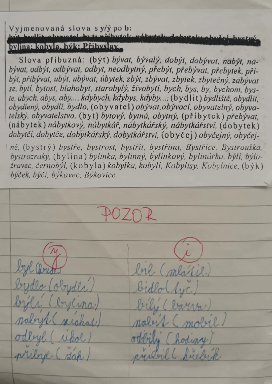 Vyjmenovaná slova sy/ý po b:
bylina: kobyla, býke Přibyslay
Slova příbuzná: (být) bývat, bývalý, dobýt, dobývat, nabýt, na-
bývat, odbýt, o