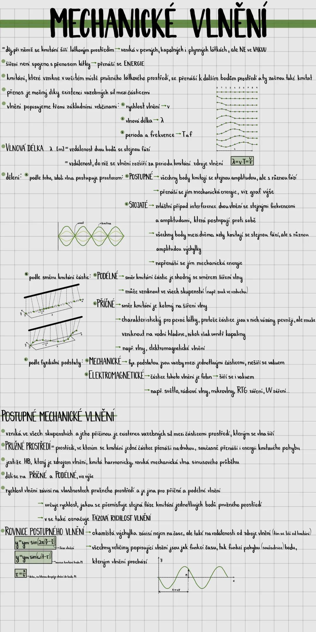 ## MECHANICKÉ VLNĚNÍ
- děj při němž se kmítání šíří látkovým prostředím - vzniká v pevných, kapalných i plynných látkách, ale NE ve VAKUU
-