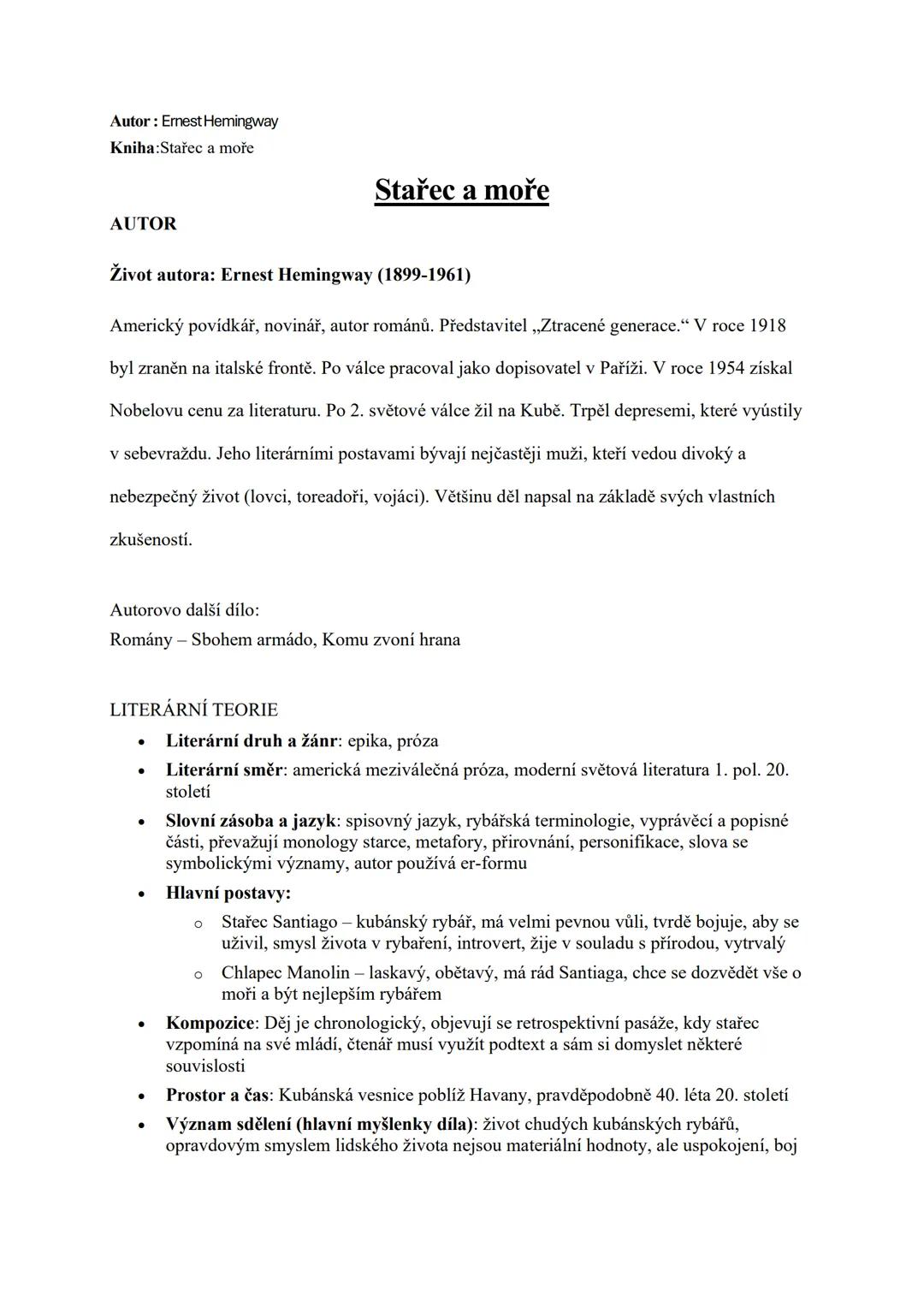 Stařec a moře maturitní četba
