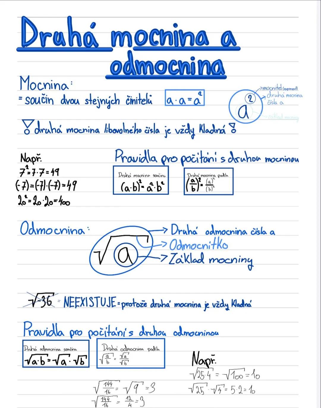 --- OCR Start ---
Draha mocnina a
odmocnina
Mocnina:
= součin dvou stejných činitelü $a\cdot a=a$
$\bigtriangleup$ druhá mocnina libovolného