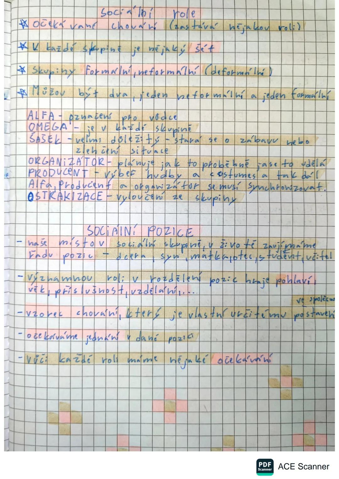 --- OCR Start ---
Socialní role
*očekávané chování (zastává nějakou roli)
*K každé skupině je nějaký šéf
Skupiny Formální, neformální (defor