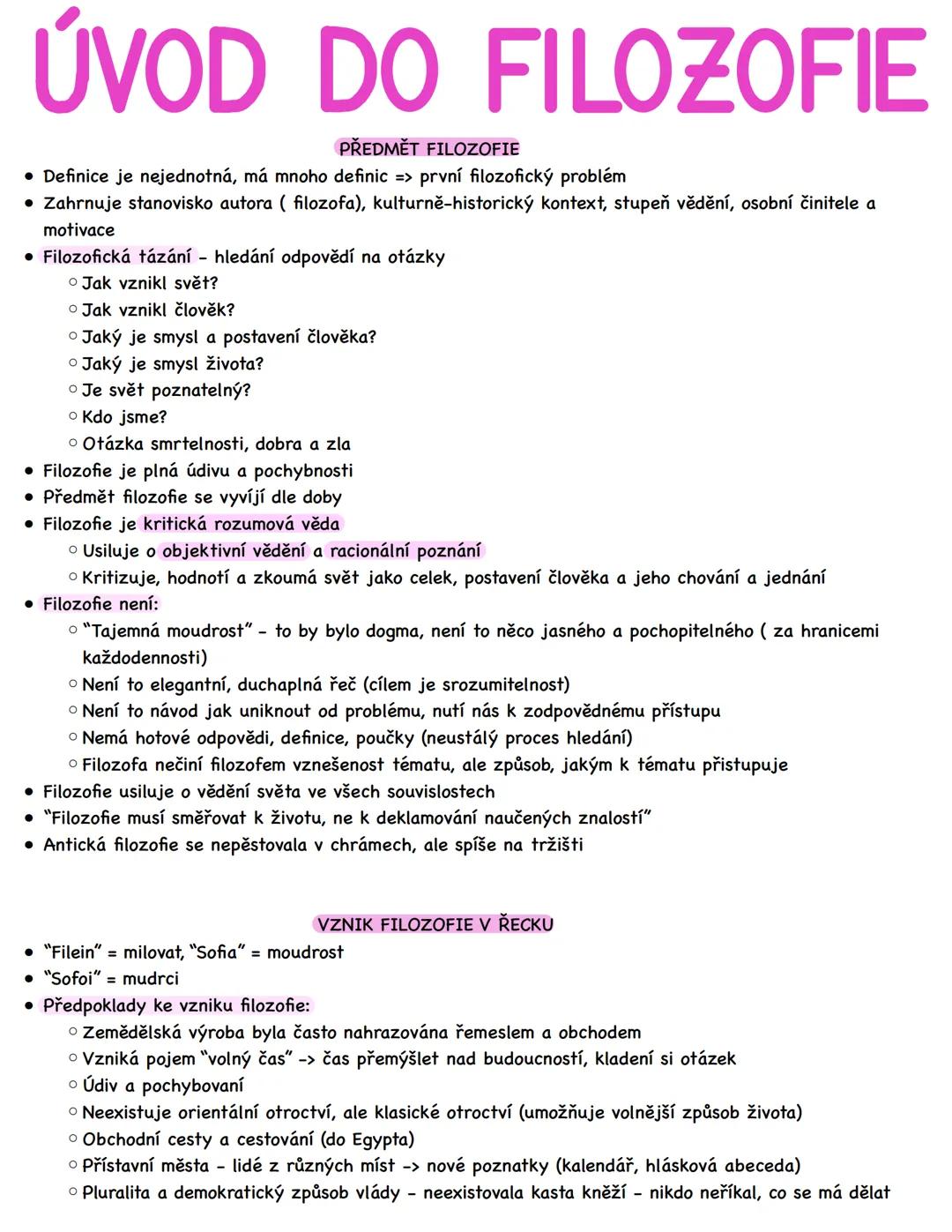 --- OCR Start ---
ÚVOD DO FILOZOFIE
PŘEDMĚT FILOZOFIE
• Definice je nejednotná, má mnoho definic => první filozofický problém
• Zahrnuje sta