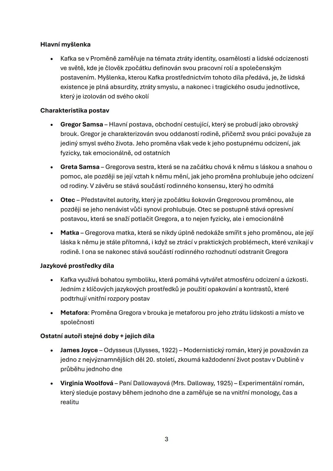 --- OCR Start ---
Obsah
FRANZ KAFKA - PROMĚNA
Proměna je jedno z nejznámějších děl Franze Kafky, poprvé publikováno v roce 1915. Příběh se
z