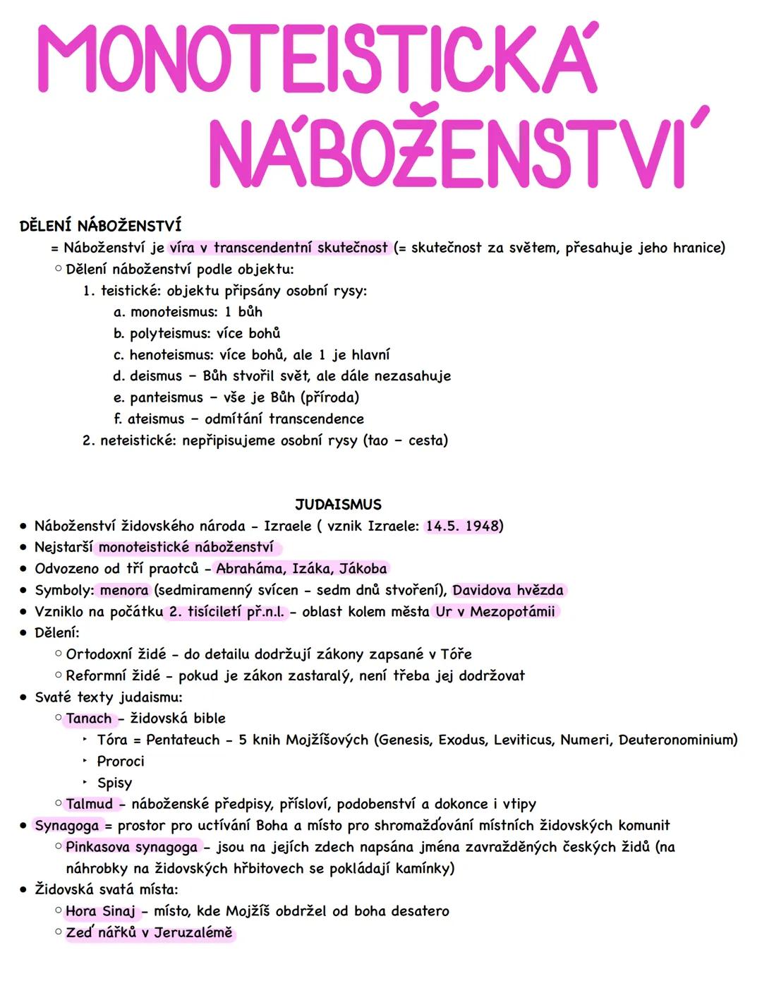 --- OCR Start ---
MONOTEISTICKA
NÁBOŽENSTVÍ
DĚLENÍ NÁBOŽENSTVÍ
= Náboženství je víra v transcendentní skutečnost (= skutečnost za světem, př