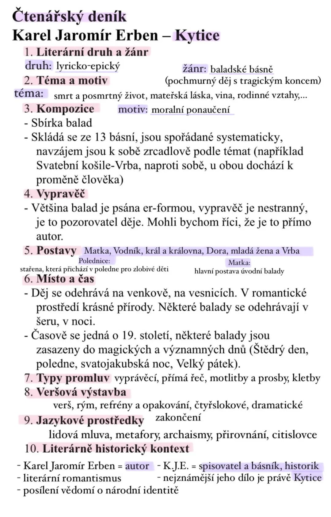 # Čtenářský deník
# Karel Jaromír Erben – Kytice
1. Literární druh a žánr
druh: lyricko-epický
2. Téma a motiv
téma: smrt a posmrtn