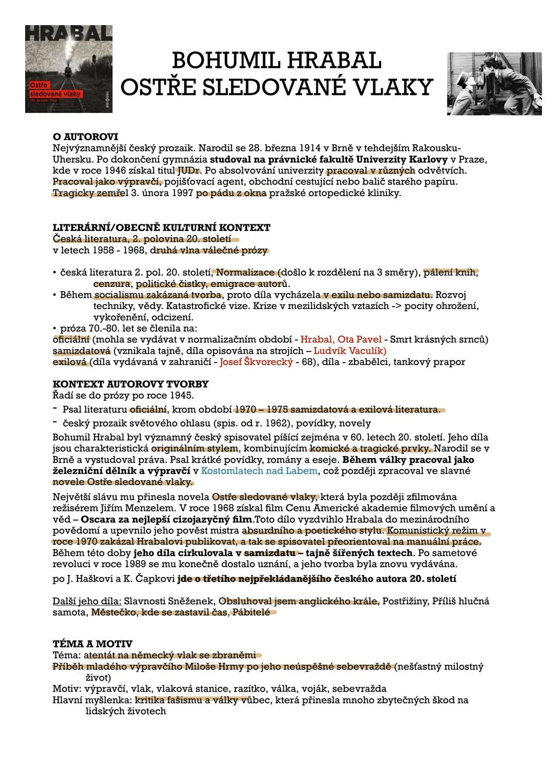 --- OCR Start ---
HRABAL
Ostře
sledované vlaky
BOHUMIL HRABAL
OSTŘE SLEDOVANÉ VLAKY
O AUTOROVI
Nejvýznamnější český prozaik. Narodil se 28.