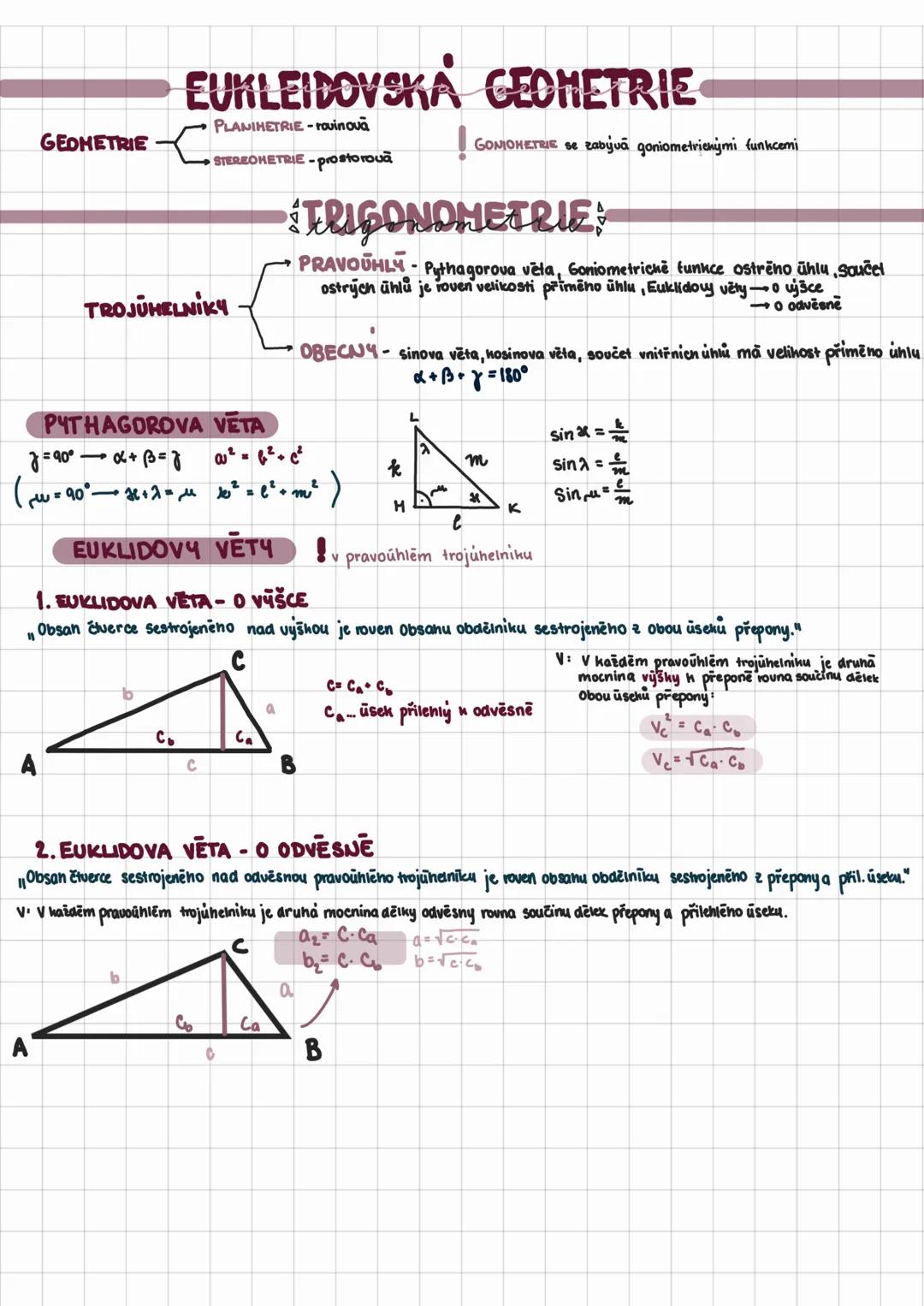 # EUKLEIDOVSKÁ GEOMETRIE
PLANIHETRIE - rovinová
GEOMETRIE
GONIOMETRIE se zabývá goniometrickými funkcemi
STEREOHETRIE - prostorová
TRIGONOME