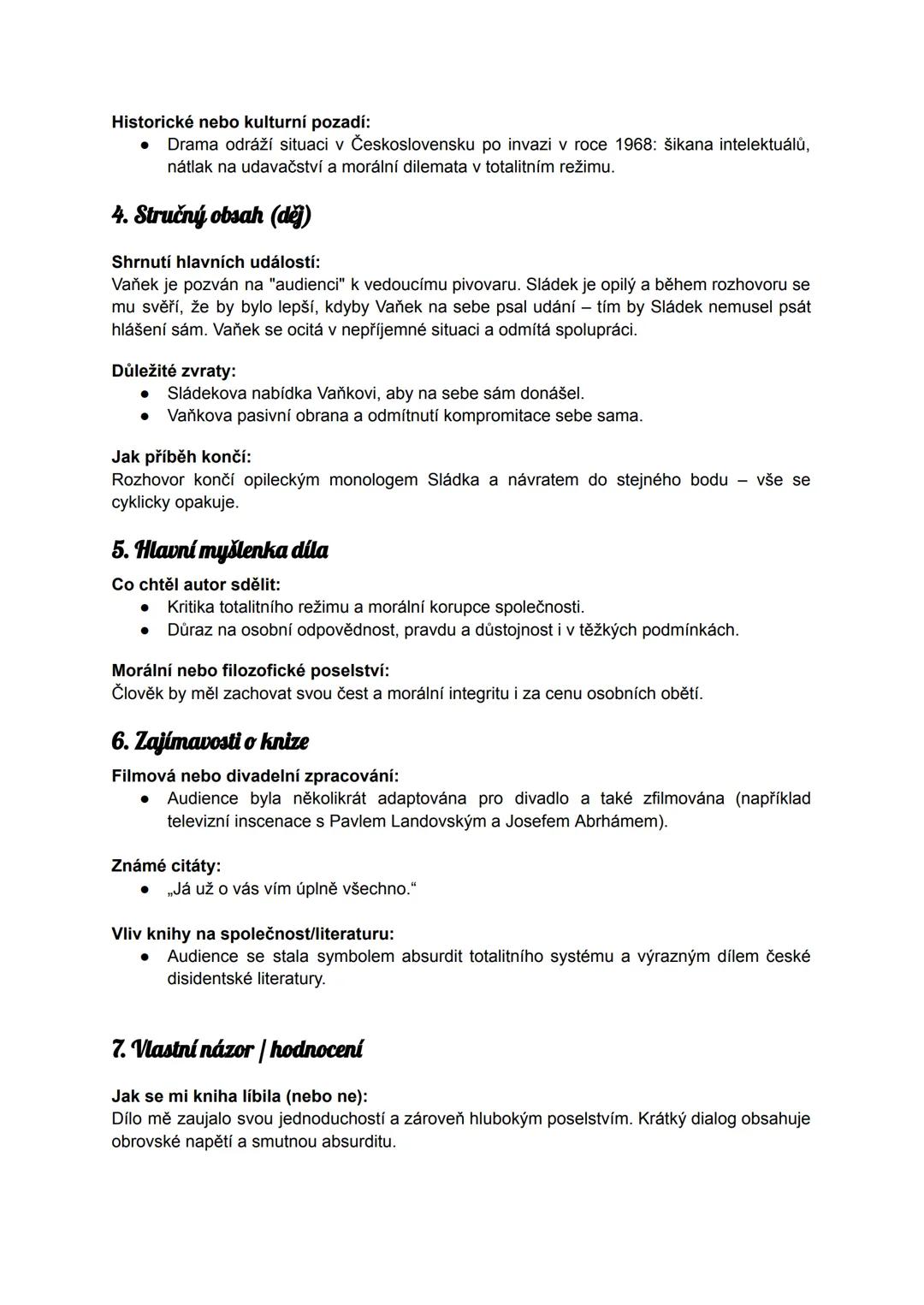 --- OCR Start ---
Audience
Autor:
Literární druh:
Žánr:
Rok vydání:
1. Autor
Krátký životopis:
Václav Havel
Drama
Absurdní drama (jednoaktov