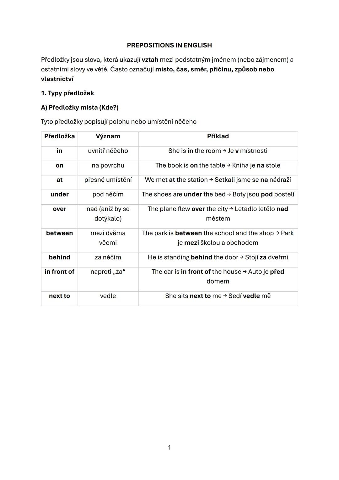 PREPOSITIONS IN ENGLISH
Předložky jsou slova, která ukazují vztah mezi podstatným jménem (nebo zájmenem) a
ostatními slovy ve větě. Často o