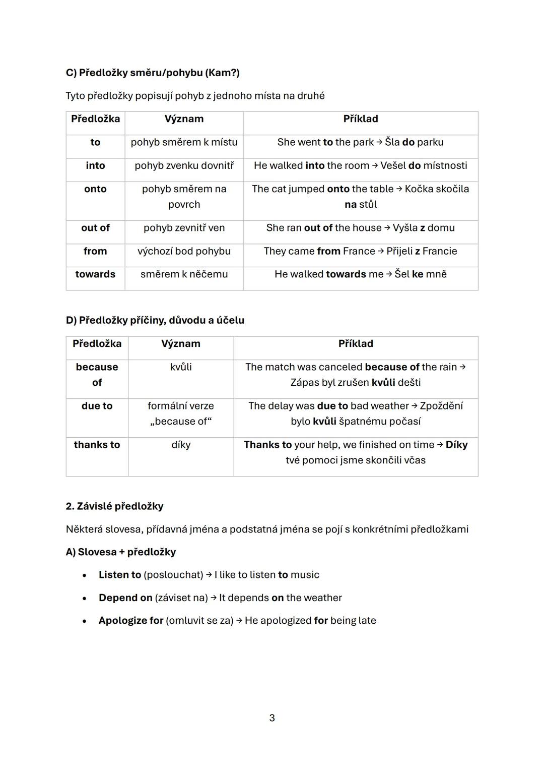 PREPOSITIONS IN ENGLISH
Předložky jsou slova, která ukazují vztah mezi podstatným jménem (nebo zájmenem) a
ostatními slovy ve větě. Často o