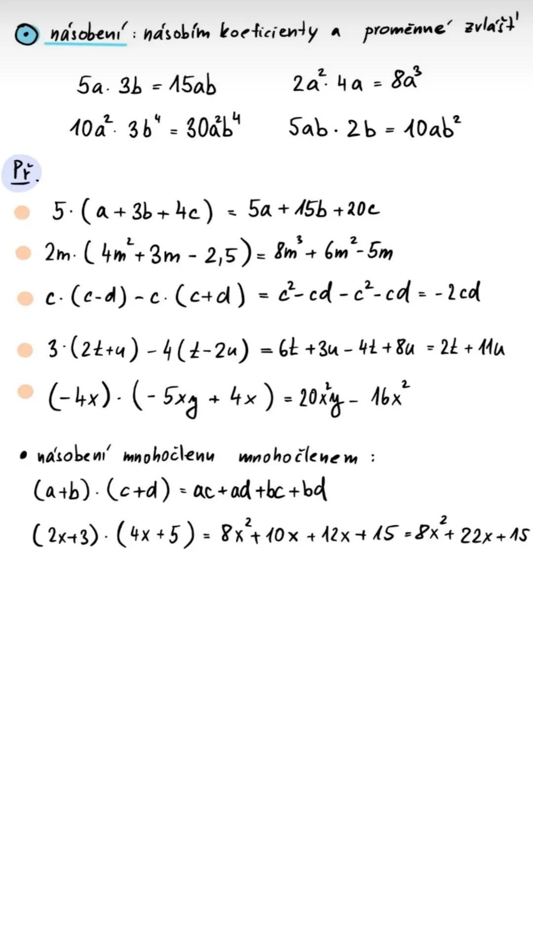 # Mnohočleny --- OCR Start ---
Mnohočleny
Jednočlen:
• výraz obsahující číslo, proměnnou a jejich součin
↓
x_{1}m_{1} z,a,b,...
✔
3a, 2ab, 8