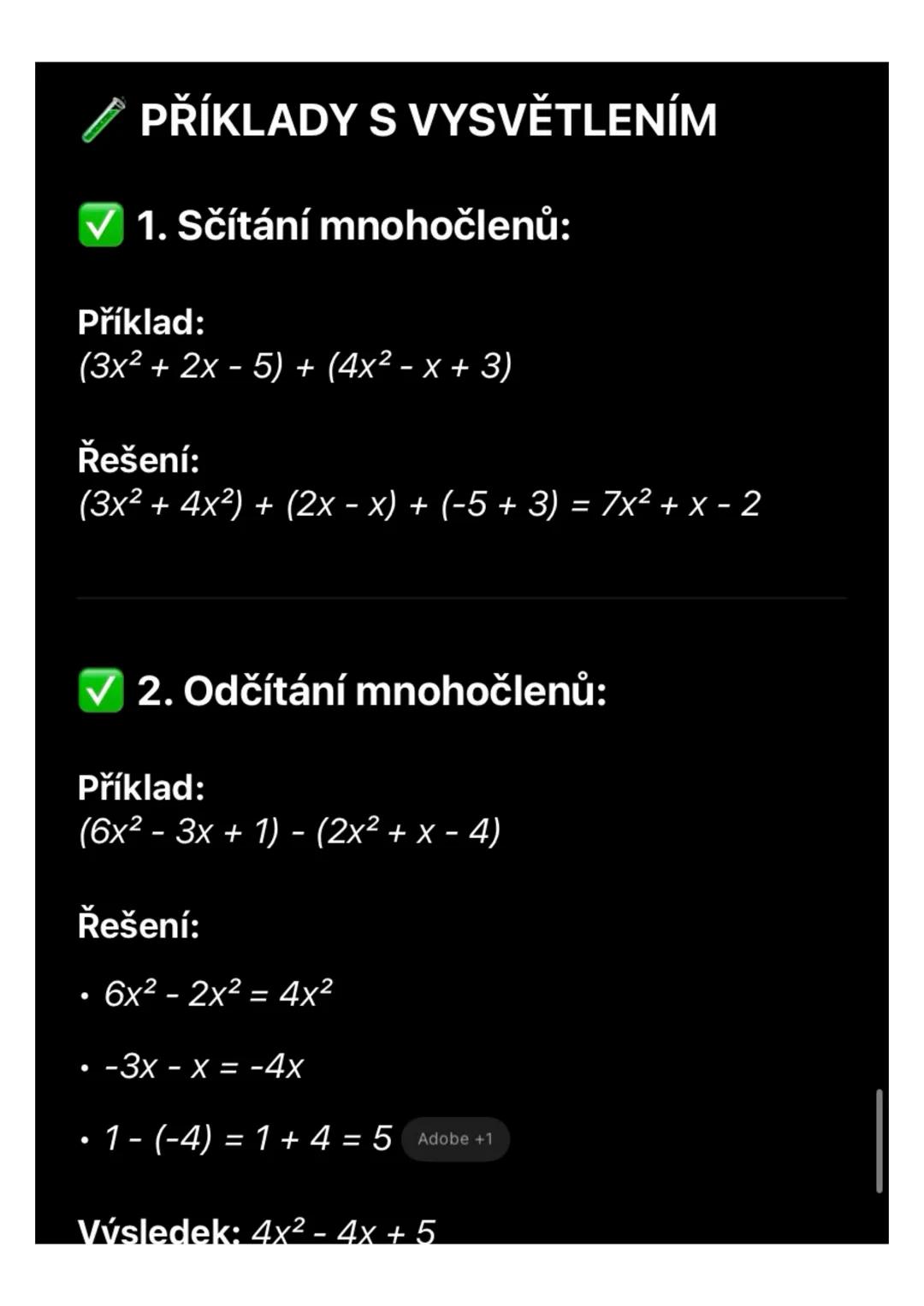 Mnohočleny- sčítání, odčítání