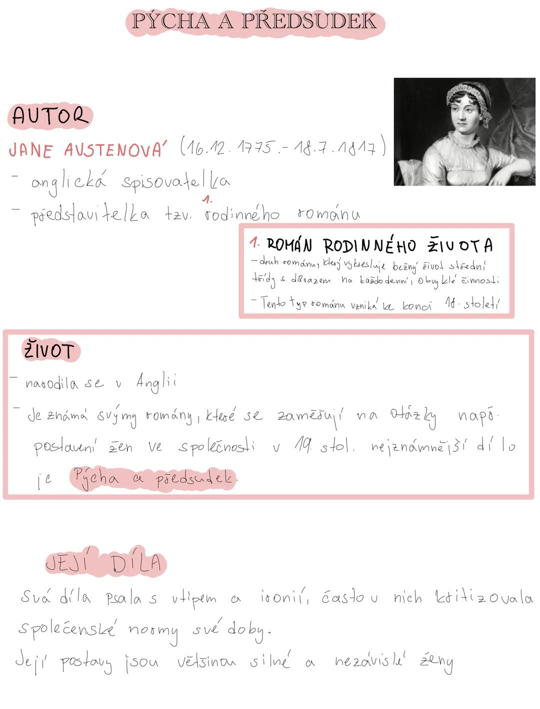 --- OCR Start ---
PÝCHA A PŘEDSUDEK
AUTOR
JANE AUSTENOVA' (16.12.1775.-18.7.1817)
- anglická spisovatelka
- představitelka tzv. rodinného ro