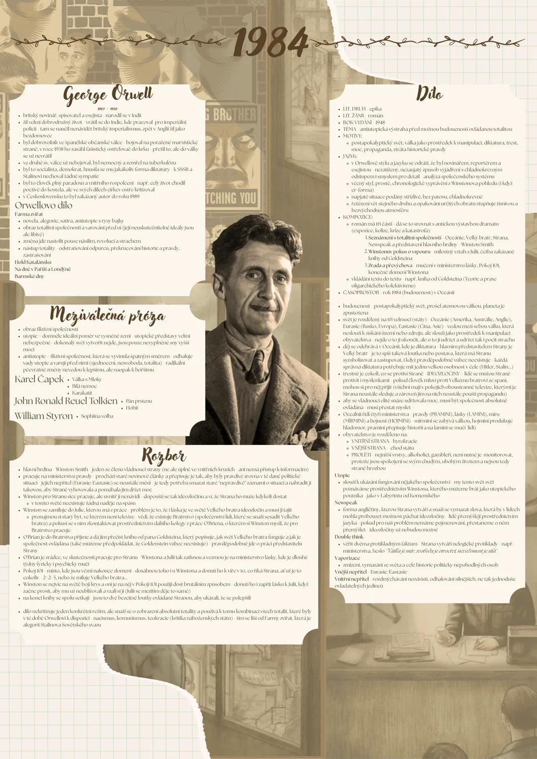 1984
George Orwell
britský novinář, spisovatel a esejista narodil se v Indii
• al velmi dobrodružný život, vrátil se do Indie, kde pracoval