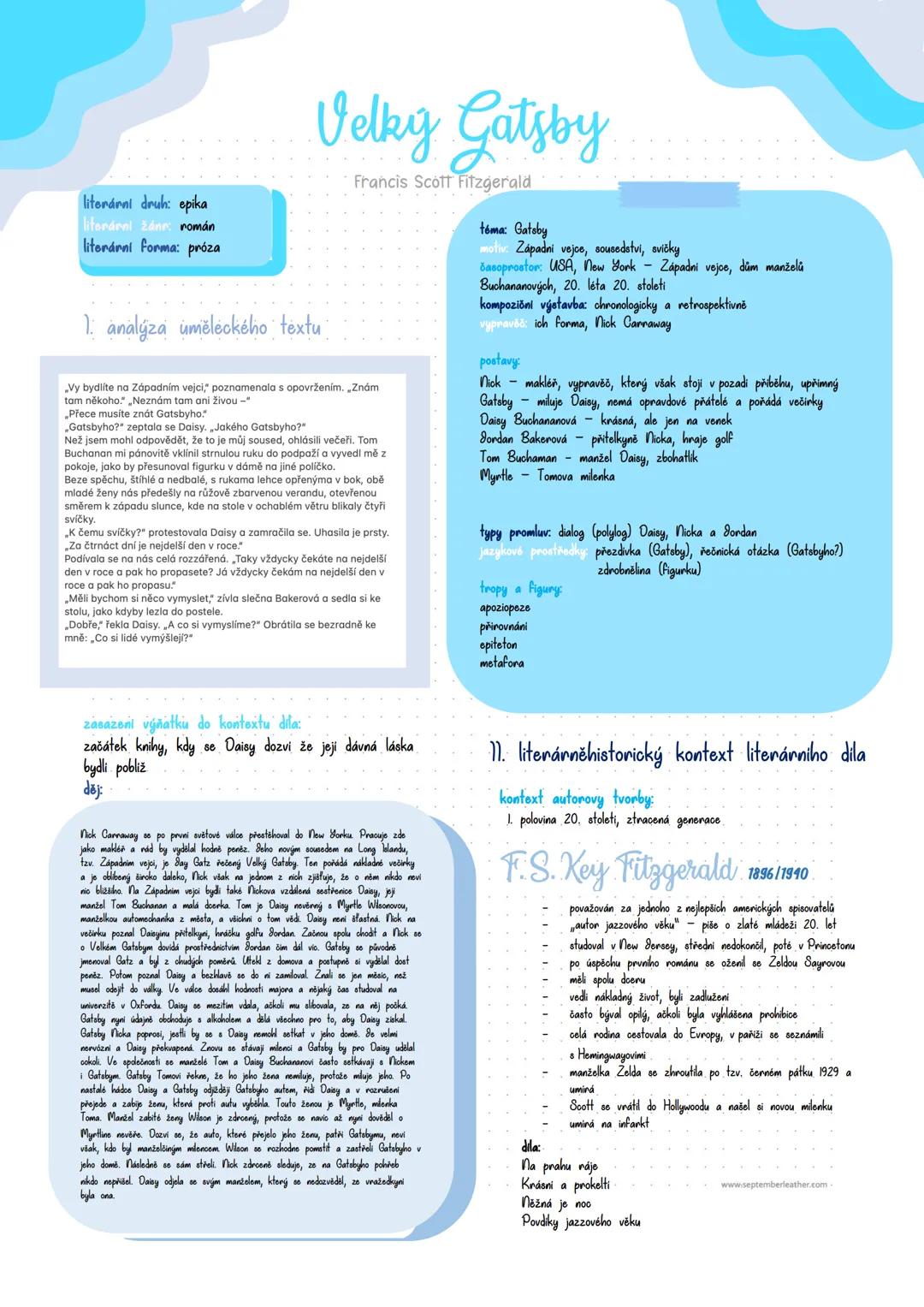 literárni druh: epika
litorvarni žán román
literárni forma: próza
Velký Gatsby
1. analýza uměleckého textu
Francis Scott Fitzgerald
Vy bydlí