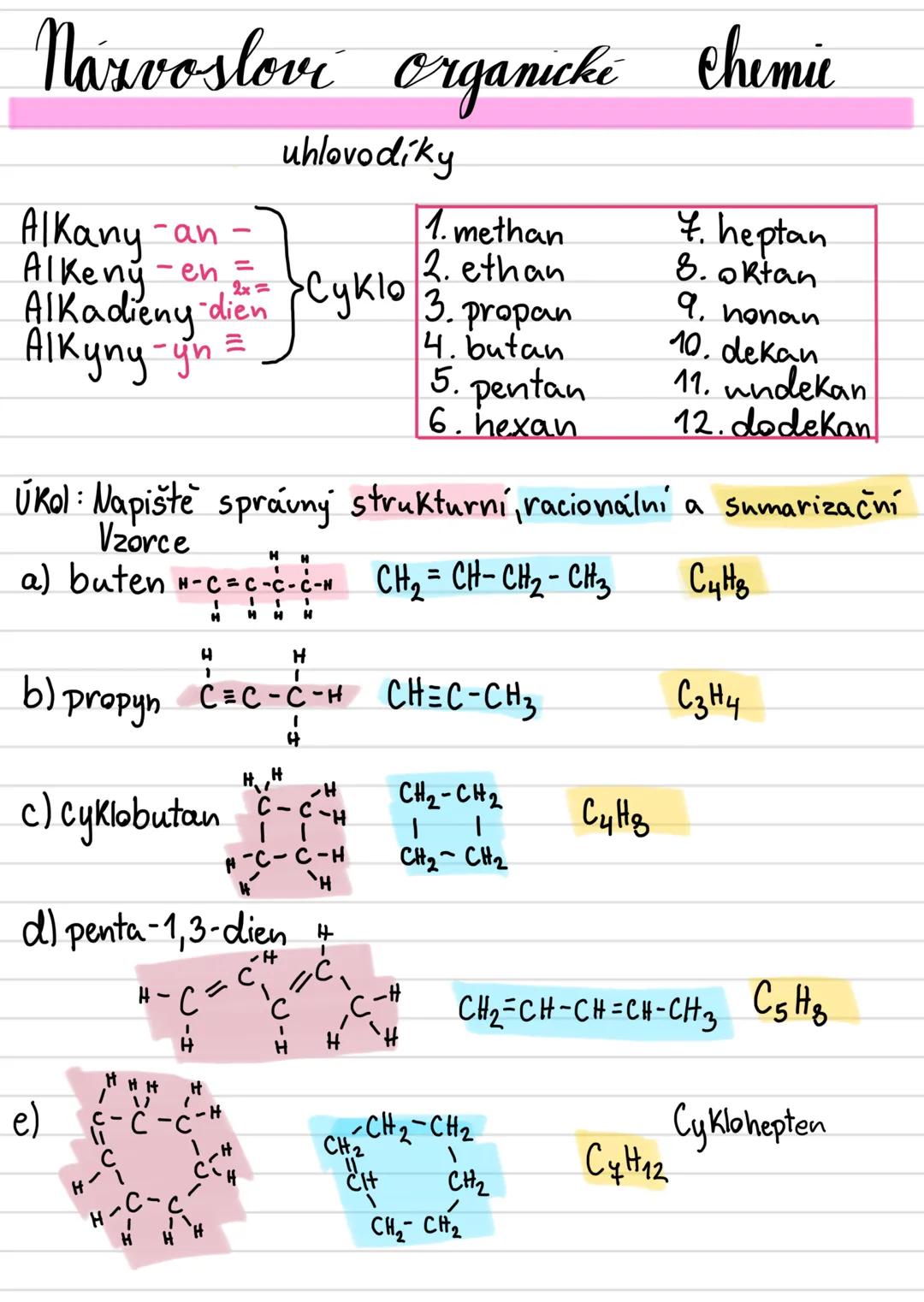 --- OCR Start ---
Názvoslovi organicke Chemie
Alkany -an -
Alkeny -en =
uhlovodíky
1. methan
2. ethan
Alkadieny -dien Cyklo 3. propan
AlKyny