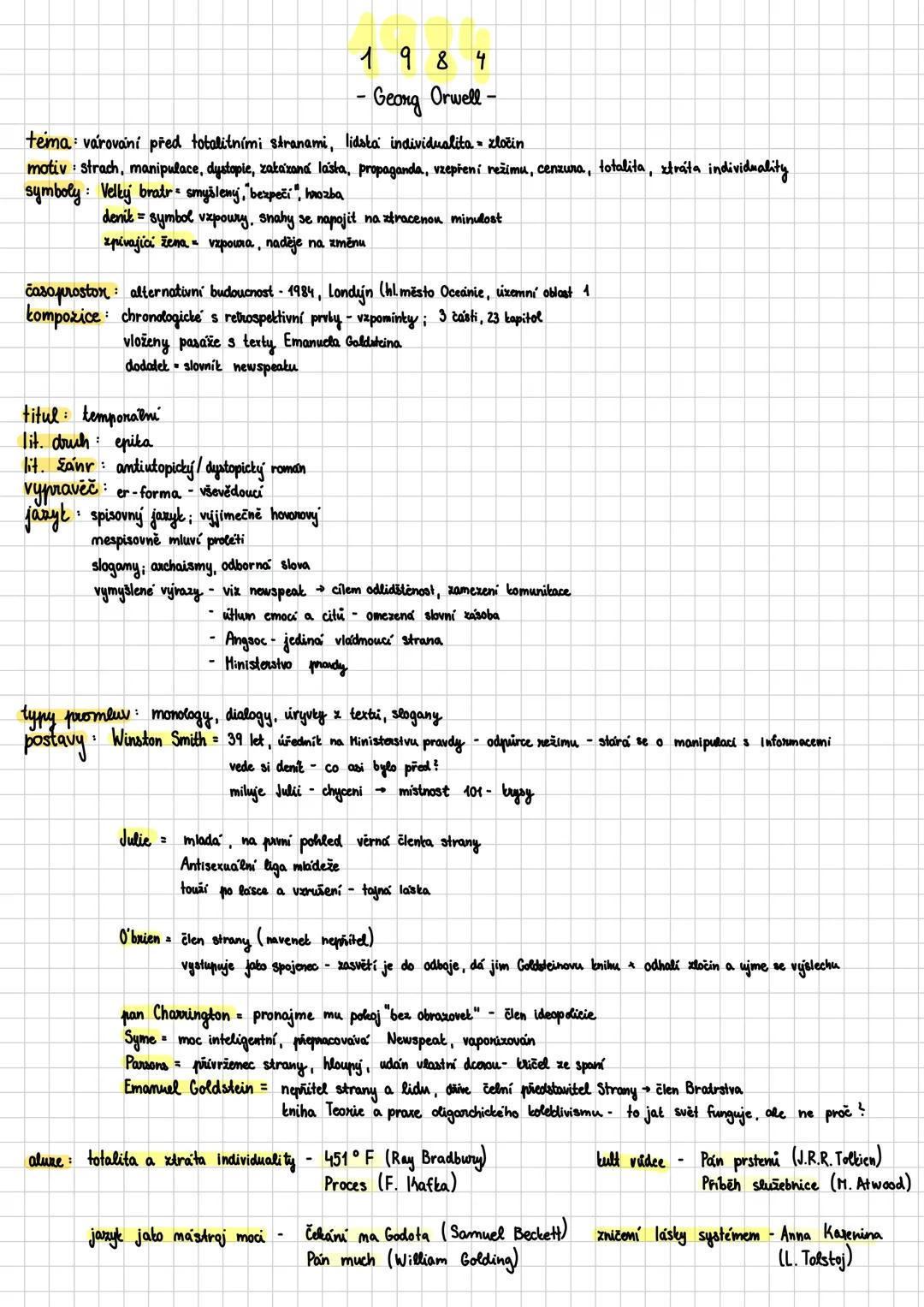 1984
- Georg Orwell -
téma: várování před totalitními stranami, lidská individualita, zločin
motiv: strach, manipulace, dystopie, zakázaná l