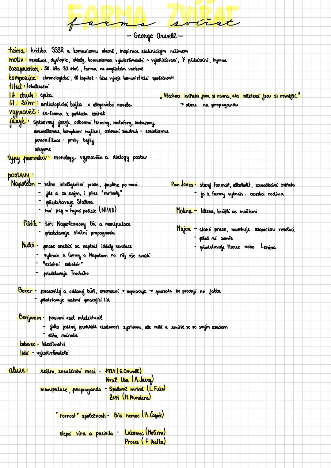 --- OCR Start ---
rma svířat
George Orwell-
tema: kritika SSSR a komunismu obecně, inspirace stalinickým režimem
motiv revoluce, dystopie, i