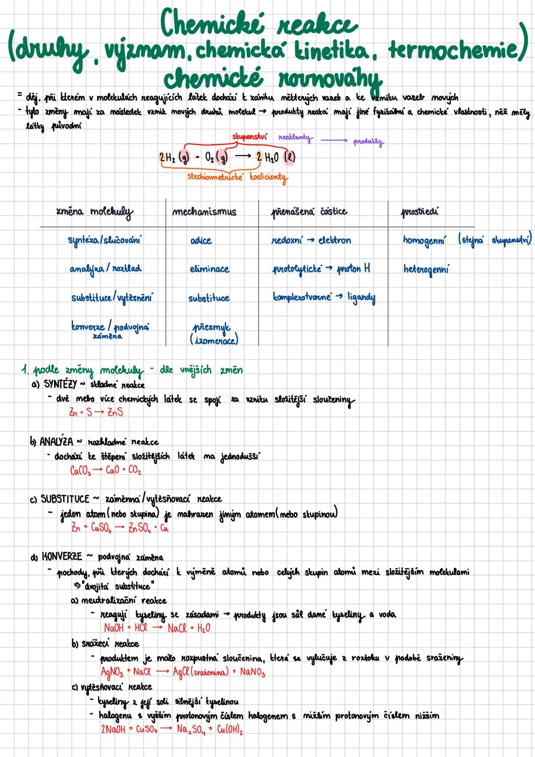 Chemické reakce
(druhy, význam, chemická kinetika, termochemie)
chemické rovnováhy
= děj, při kterém v molekulách reagujících látek dochází
