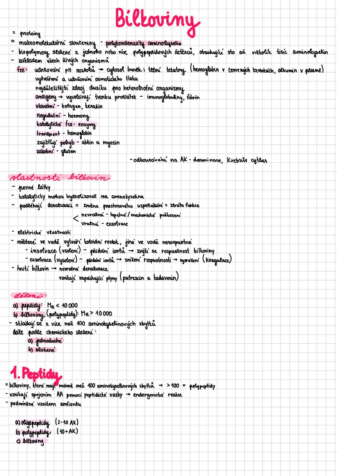 ## Bilkoviny
- proteiny
- makromolekulární sloučeniny - polykondenzáty aminokyselin
- biopolymery složené z jednoho nebo více polypeptidový