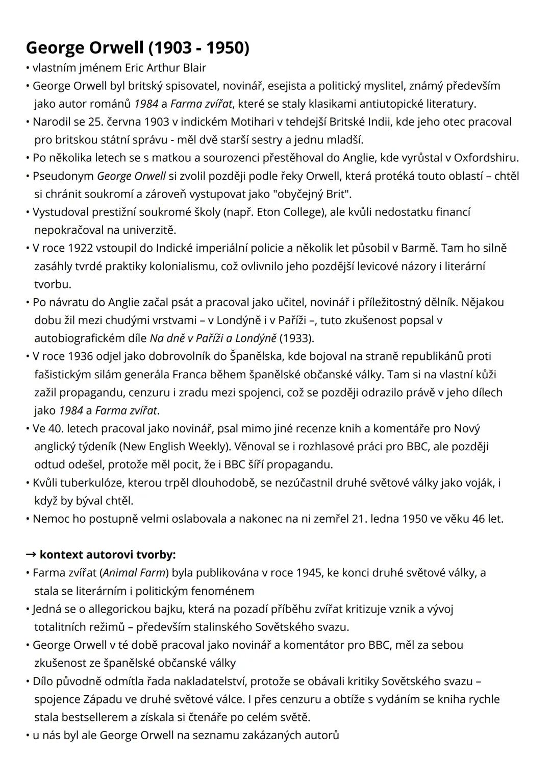 Farma zvířat
George Orwell
• 1. část:
→ téma, myšlenka, motivy:
• téma = revoluce na zvířecí farmě
• myšlenka = kritika totalitních režimů
•