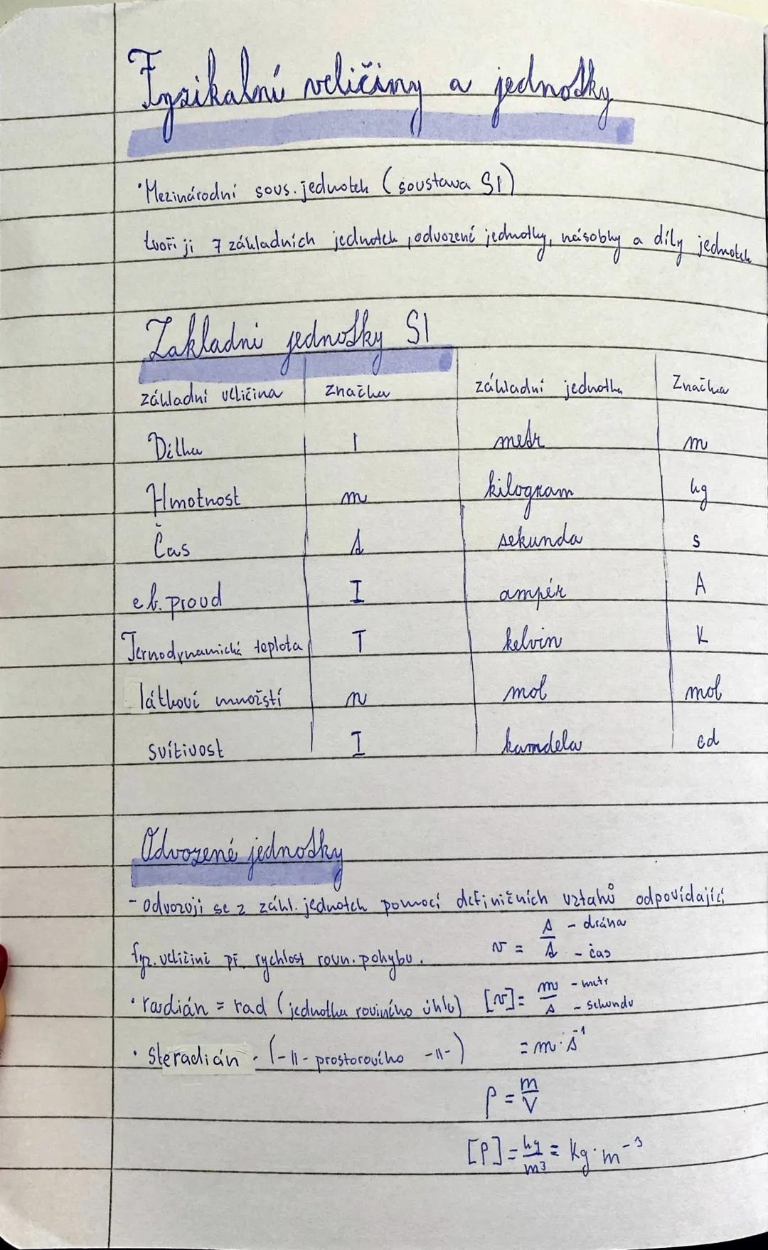 ## Fyzikální veličiny a jednotky
*Mezinárodní sous. jednotek (soustava SI)
tvoří ji 7 základních jednotek, odvozené jednotky, násobky a díl