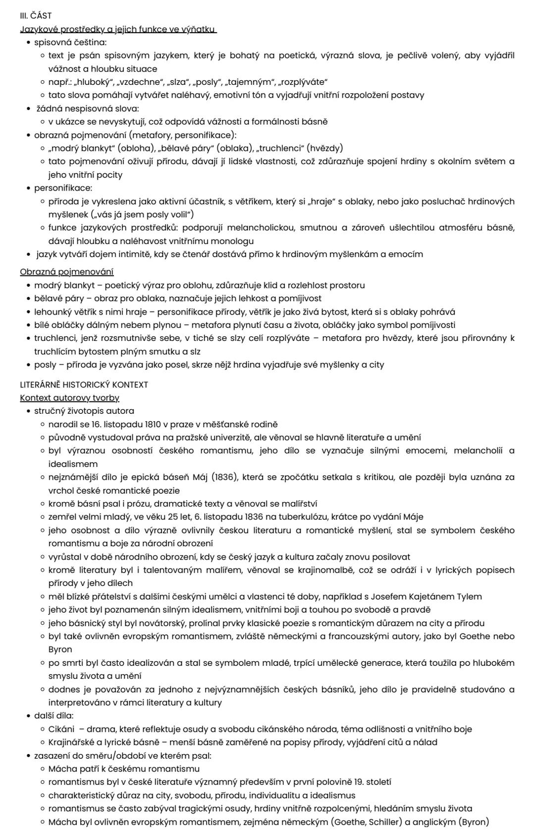 MÁJ, KAREL HYNEK MÁCHA
VÝŇATEK Z DÍLA
STRUKTURA
I. ČÁST
* zasazení výňatku do kontextu díla
* v jaké části díla se ukázka nachází a proč