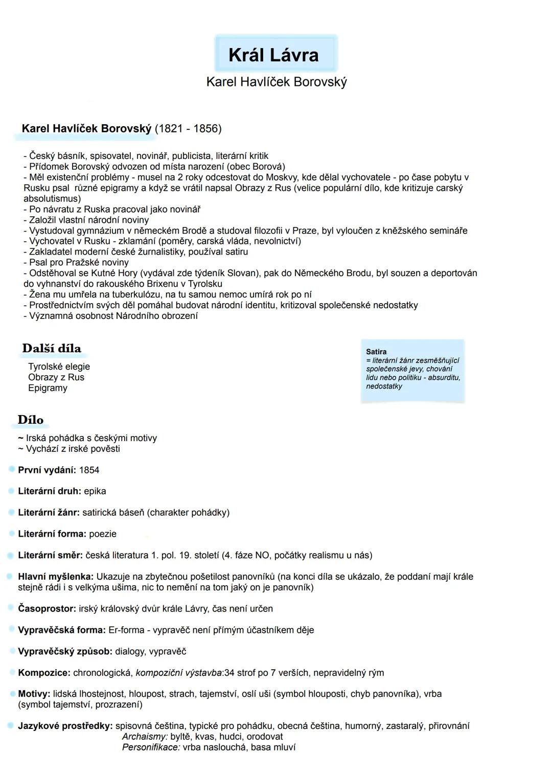 # Král Lávra
Karel Havlíček Borovský
Karel Havlíček Borovský (1821-1856)
- Český básník, spisovatel, novinář, publicista, literární kritik