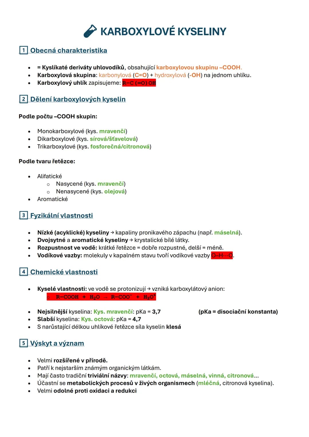 # KARBOXYLOVÉ KYSELINY
1 Obecná charakteristika
- = Kyslíkaté deriváty uhlovodíků, obsahující karboxylovou skupinu -COOH.
- Karboxylová sk