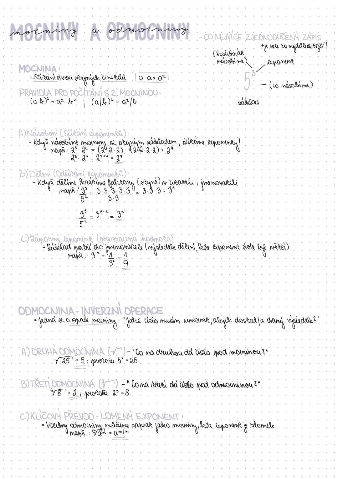 # MOCNINY A ODMOCNINY
MOCNINA:
- Sčítání dvou stejných činitelů | a.a=a²
PRAVIDLA PRO POČÍTÁNÍ S 2. MOČNINOU:
(a.b)²= a². b² | (a/b)² = a²