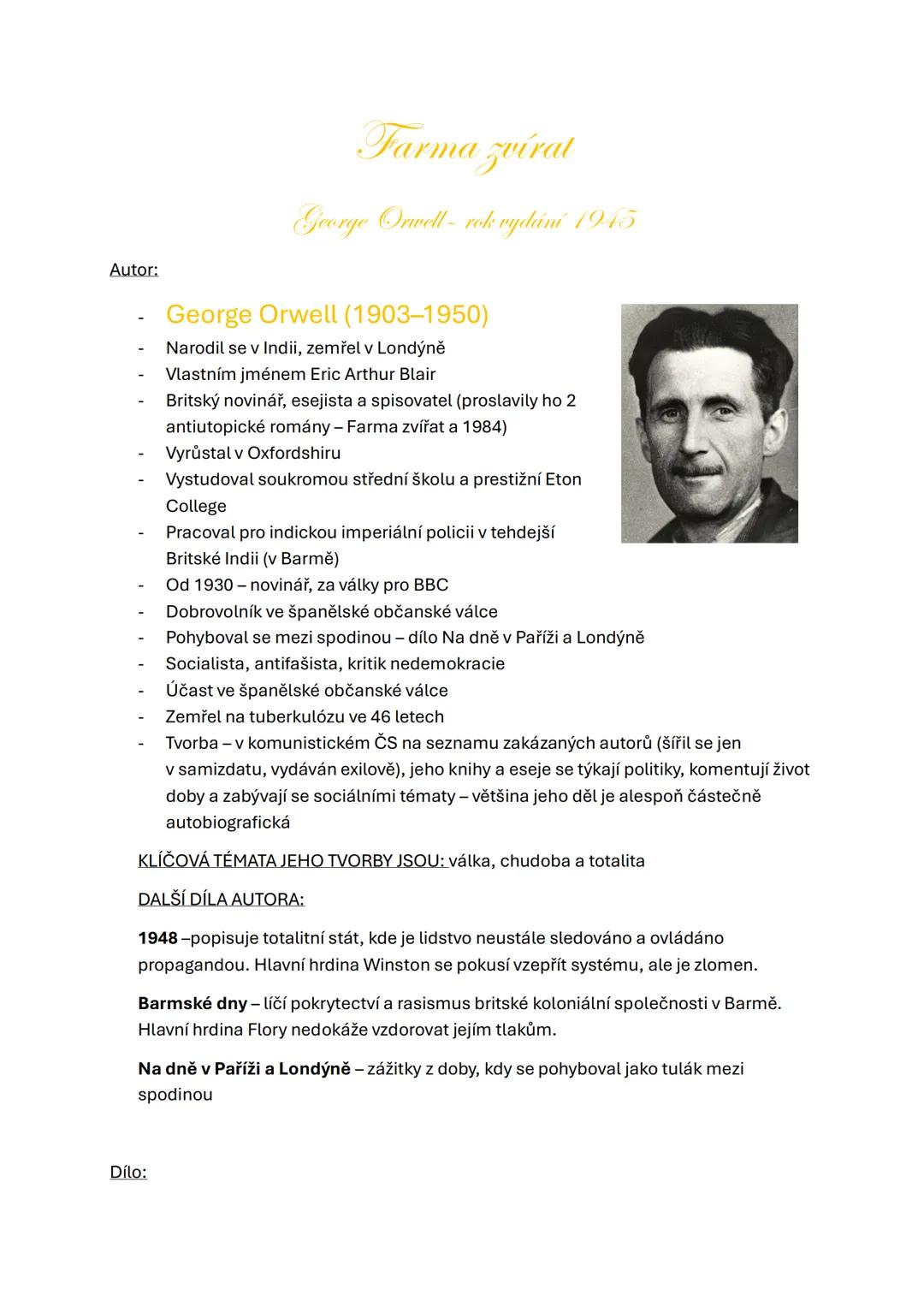 # Farma zvírat
George Orwell-rok vydání 1945
Autor:
- George Orwell (1903-1950)
- Narodil se v Indii, zemřel v Londýně
- Vlastním jménem Er