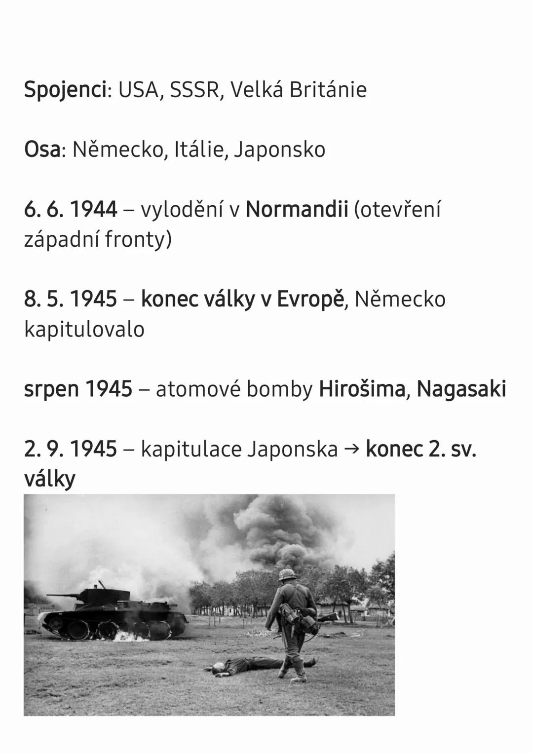 2. světová válka
(1939-1945)
1. 9. 1939 – Německo napadlo Polsko → začátek
války
1939-1941 – Německo ovládlo většinu Evropy
(Francie, Bene