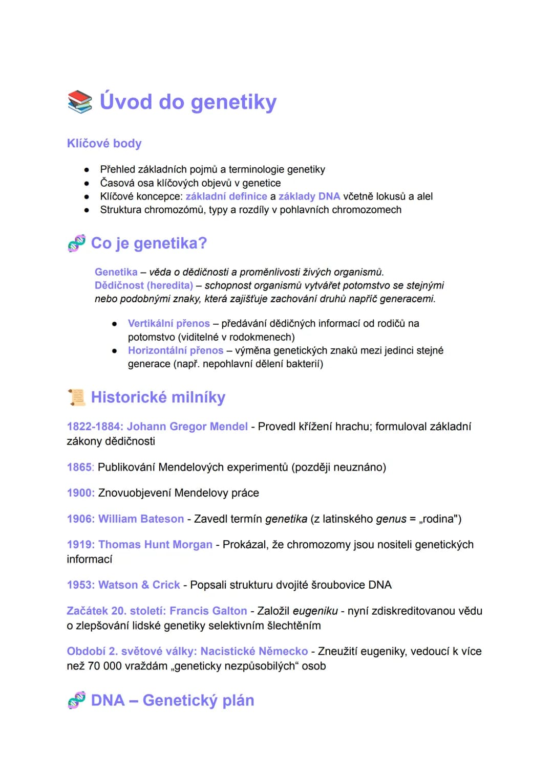 # Úvod do genetiky
Klíčové body
- Přehled základních pojmů a terminologie genetiky
- Časová osa klíčových objevů v genetice
- Klíčové konc