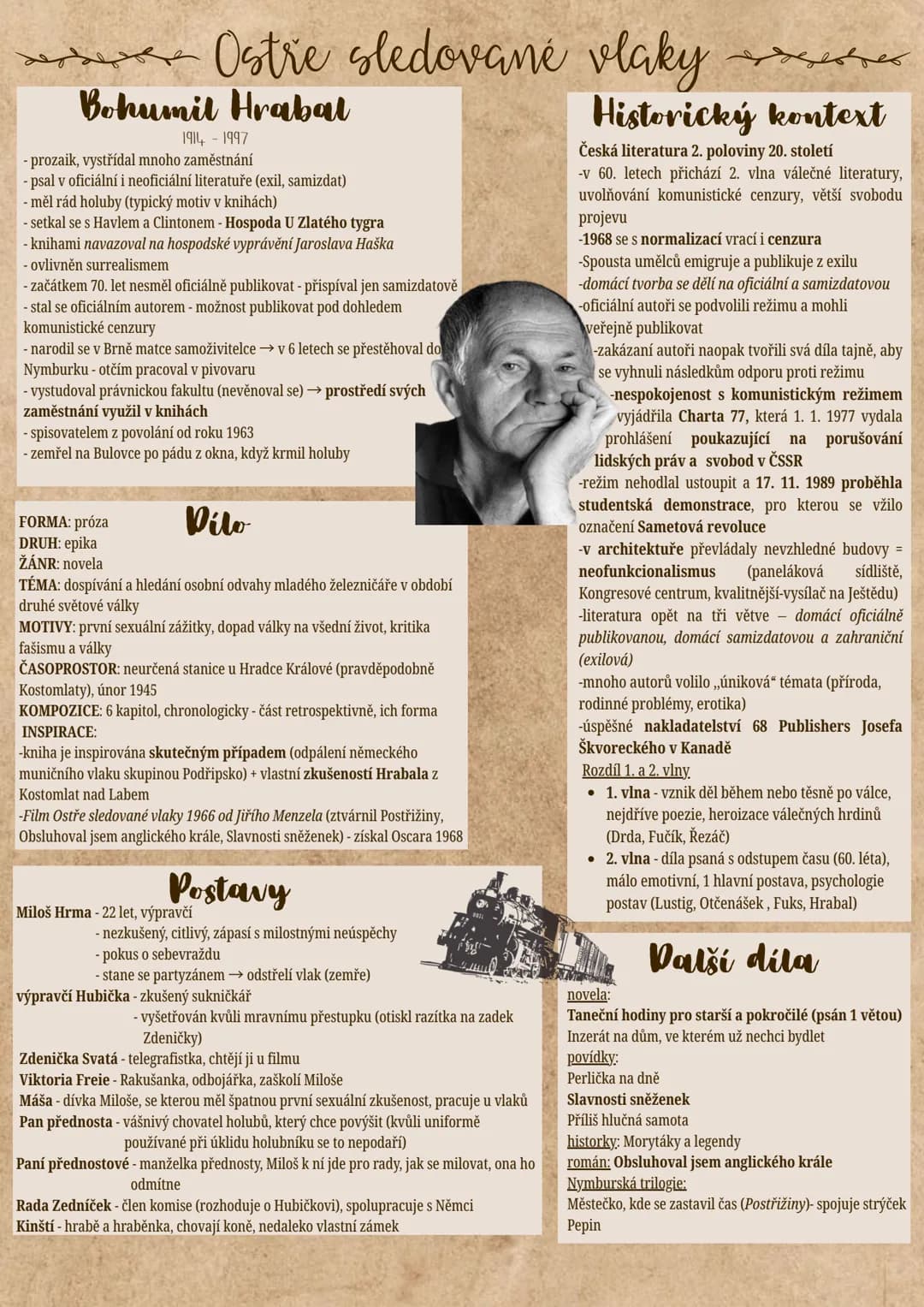 # Ostre sledované vlakyttels
# Bohumil Hrabal
1911-1997
- prozaik, vystřídal mnoho zaměstnání
- psal v oficiální i neoficiální literatuře