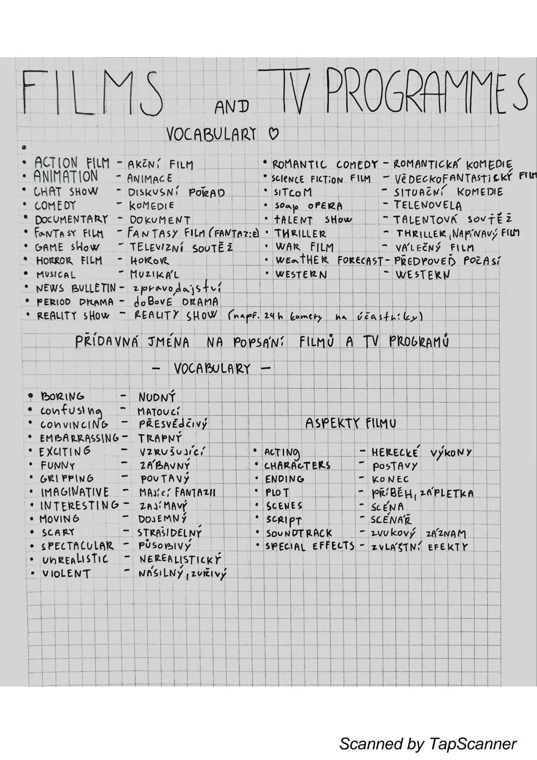 # FILMS AND TV PROGRAMMES
## VOCABULARY ♡
* ACTION FILM - AKČNÍ FILM
* ANIMATION - ANIMACE
* CHAT SHOW - DISKUSNÍ PORAD
* COMEDY - KOMEDIE
*