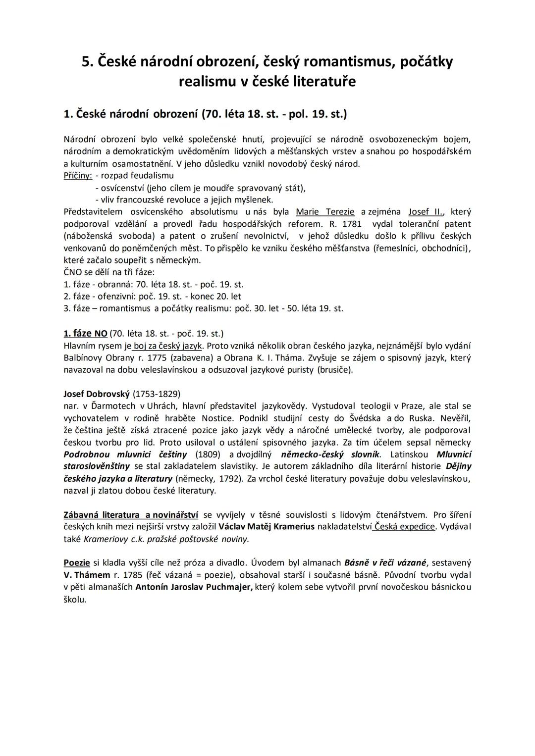 České národní obrození, český romantismus, počátky realismu v české literatuře
