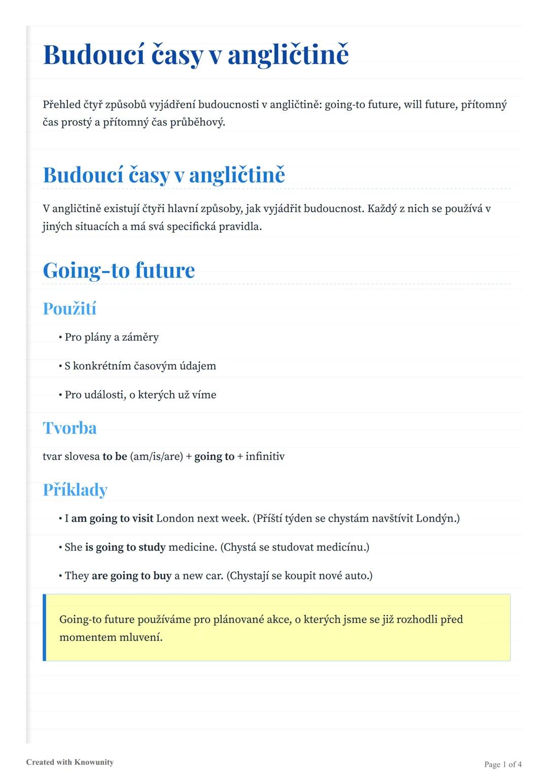 Budoucí časy v angličtině
Přehled čtyř způsobů vyjádření budoucnosti v angličtině: going-to future, will future, přítomný
čas prostý a příto
