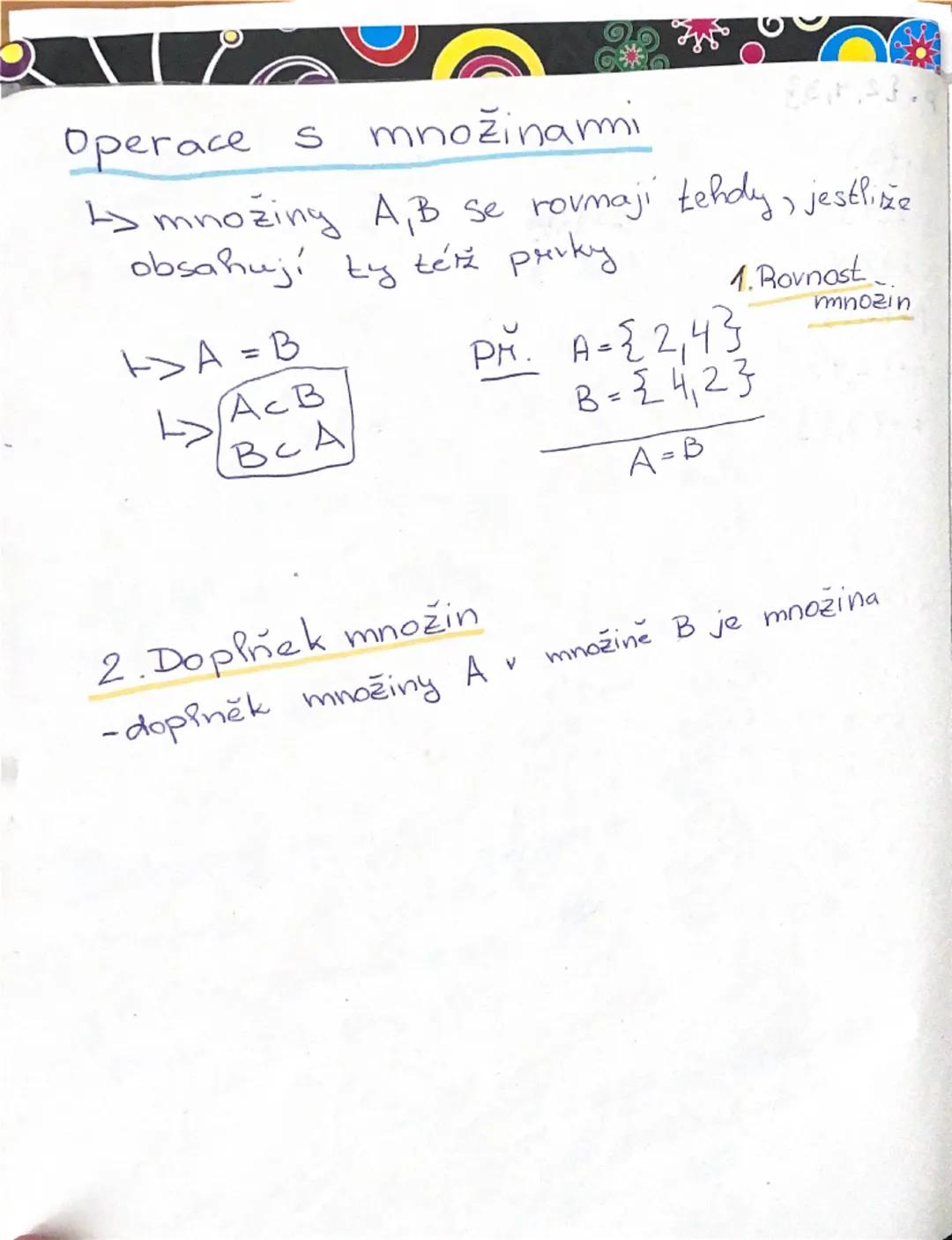 # MNOŽINOVÉ POJMY
## MNOŽINA
Ls je soubor prvků
L> je jednoznačně: P={1,2,4,6,83
Q=22,4,1,8,63
-X je prvkem & mmožimy M: XEM
### Prázdná
