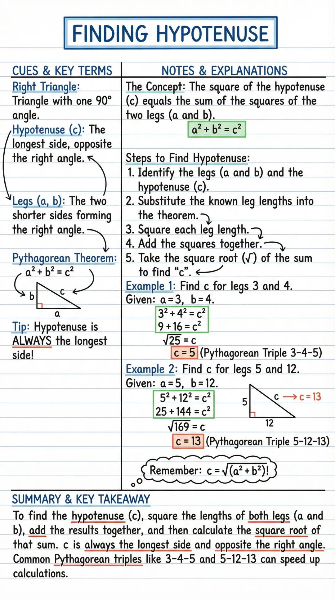 # FINDING HYPOTENUSE
CUES & KEY TERMS
Right Triangle:
Triangle with one 90°
angle.
Hypotenuse (c): The
longest side, opposite
the right an